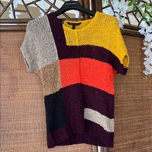 BCBGMaxAzria Colorblock Short-Sleeve Knit Sweater in Mustard, Red, Plum & Black